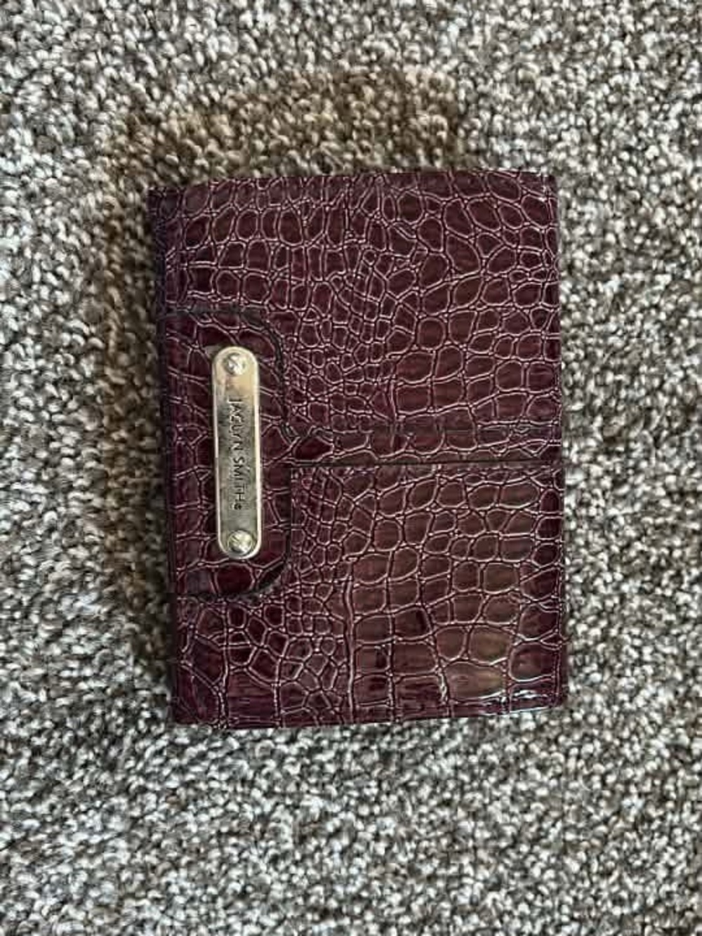 Structured Faux-Croc Wallet in Burgundy with Metal Plate